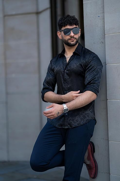 Men's Silk Satin Floral Dress Shirt | Jacquard Button-Up