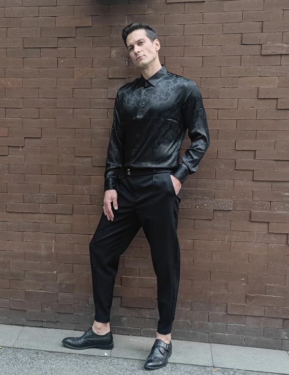 Men's Silk Satin Floral Dress Shirt | Jacquard Button-Up