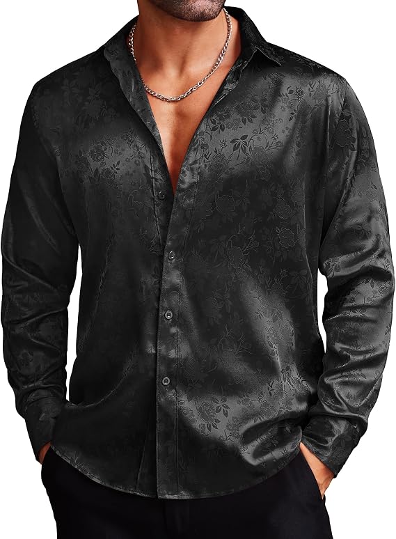 Men's Silk Satin Floral Dress Shirt | Jacquard Button-Up